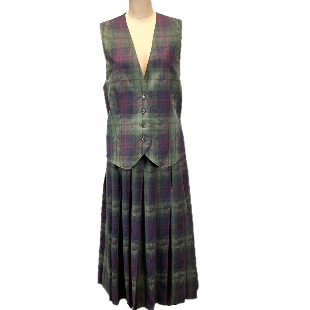VINTAGE 90s Pendleton tartan plaid 2 piece dress set maxi pleated skirt vest - Picture 3 of 14